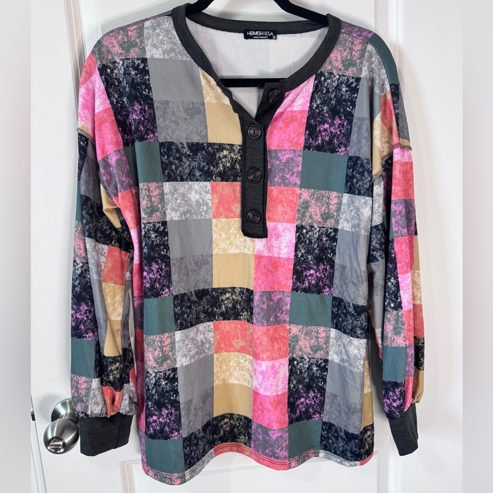 HEIMISH USA Black, Gray, Pink,Yellow Block Knit Top-Small-NWOT